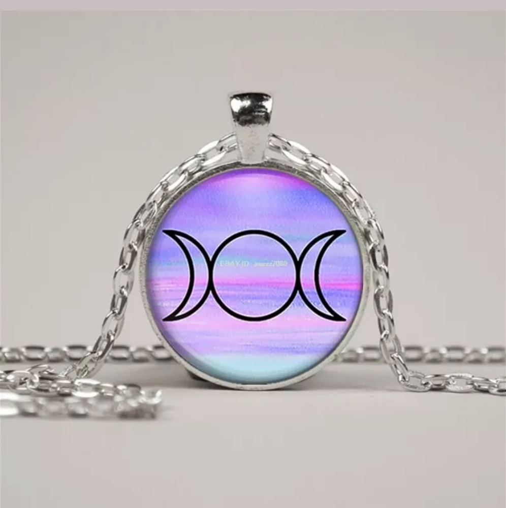 New Triple Moon Silver Glass Cabochon Necklace.